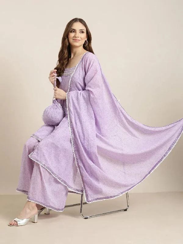 Women Anarkali Lavender Floral Kurta and Sharara Set Comes With Dupatta and Potli Bag-GW-4066-Lavender