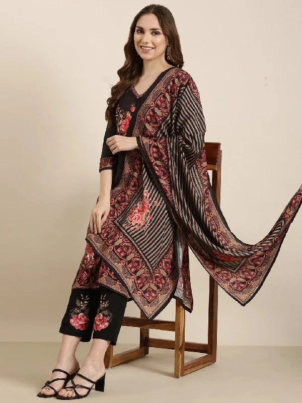 Women Straight Black Floral Kurta and Trousers Set Comes With Dupatta-UB-3150-Black