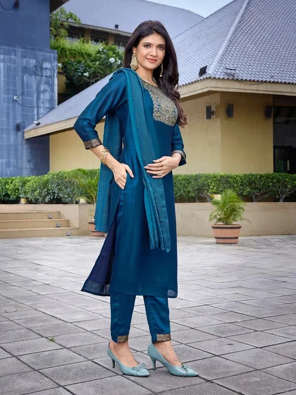 Navyaa Women's Silk Blend Solid Straight Kurta Pant With Dupatta-Me145-vg-tealblue