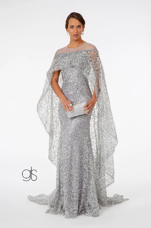 Lace Embellished Prom Long Dress with Attached Cape