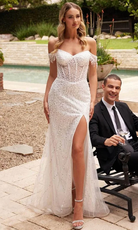 Cinderella Divine CD0203W - Sequin-Embellished Off-Shoulder Wedding Dress