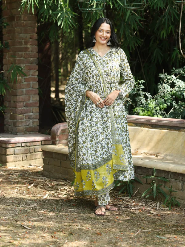 HARIYALI - FLORAL PRINT PURE COTTON ANARKALI KURTA SET WITH MULMUL DUPATTA AND EMBROIDERD SHORT JACKET