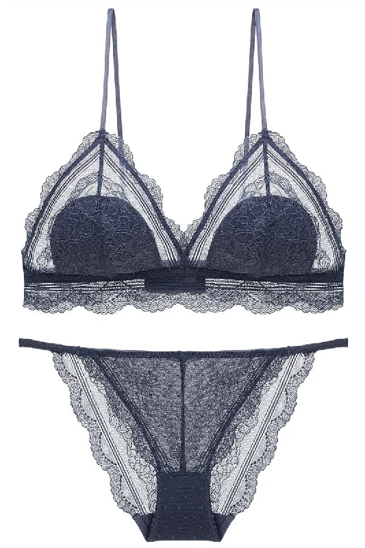 Sexy Triangle Dark Blue Lace Lingerie Set