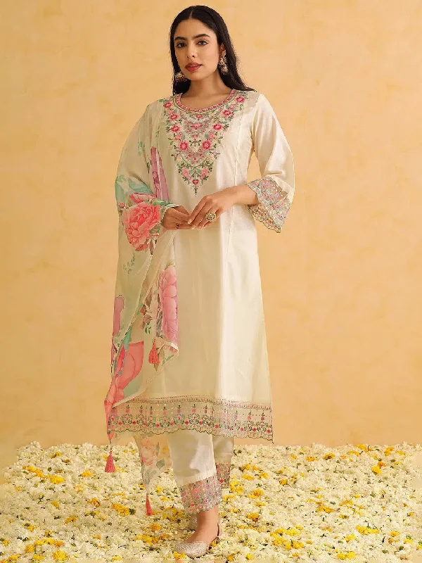 Ahika Women Off White Silk Blend Solid Embroidered Straight Kurta Trouser With Dupatta-PKSKD2476