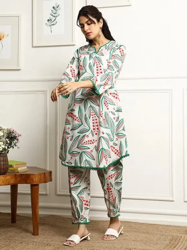 Navyaa Women's Printed A-Line Kurta With Pant Set-Me175-green-coset