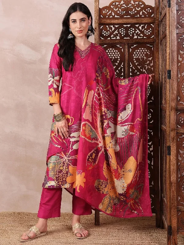 Ahika Women Pink Silk Blend Floral Printed Straight Kurta Trouser With Dupatta-PKSKD2414