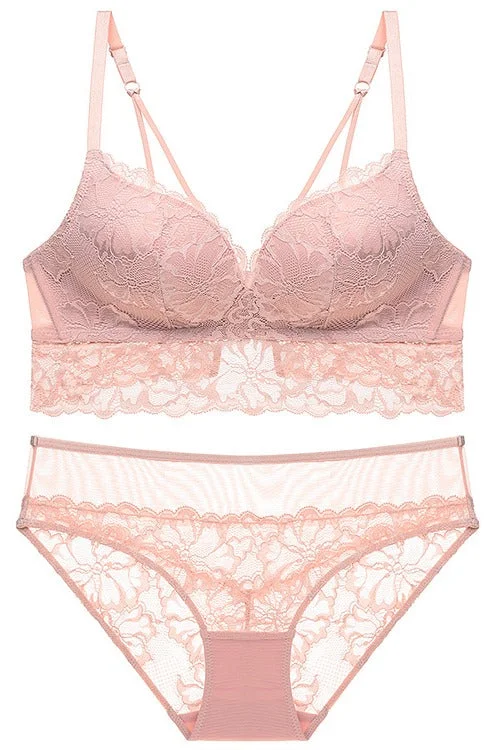 French Vintage Pearl Pink Lace Lingerie Set