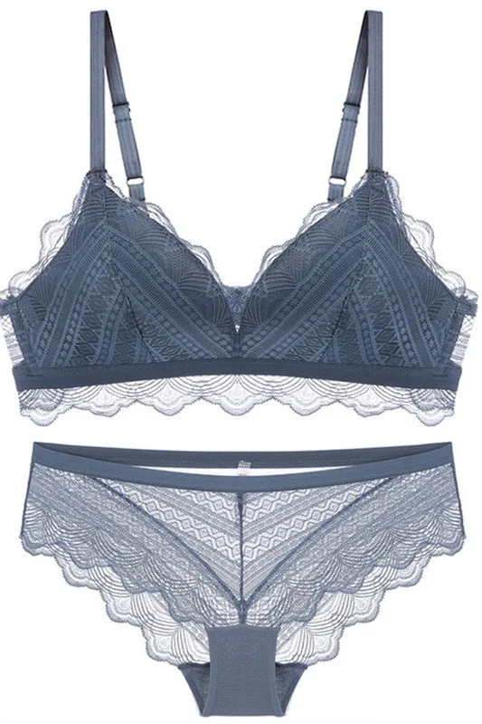 Triangle Navy Blue Lace Lingerie Set