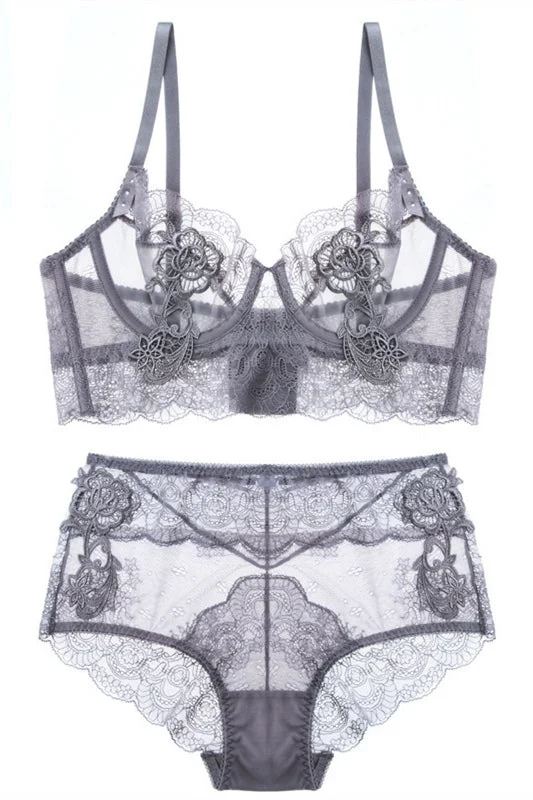 Free Shipping Illusion Grey Lace Lingerie Set