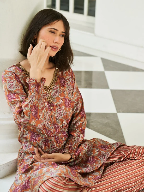 RUST DIGITAL PRINTED VISCOSE SATIN WITH HAND EMBROIDERY KURTA SET