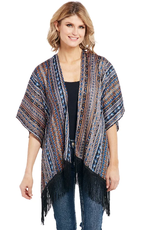 Cowgirl Up Womens Multi-Color Polyester Fringe Hem Kimono Cardigan S/S