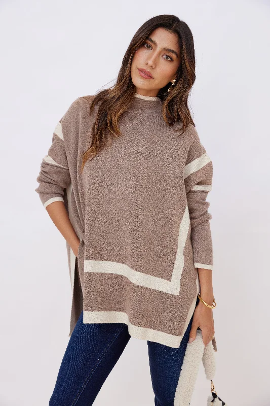 Helen Two Tone Long Sleeve Mock Neck Sweater