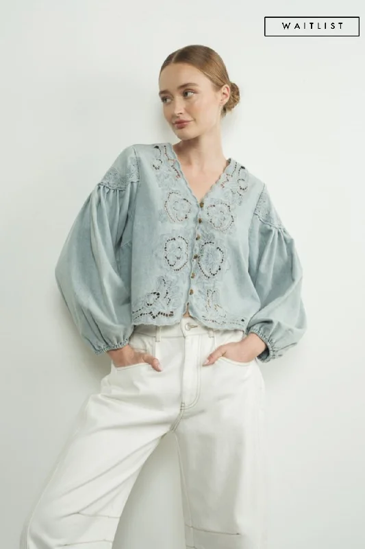 Waitlist 11/11 ♥ Julie Long Ballon Sleeve Button Down Embroidered Denim Top Light Wash