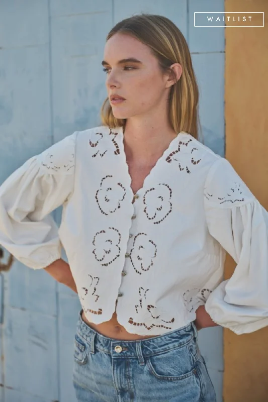 Waitlist 11/11 ♥ Julie Long Ballon Sleeve Button Down Embroidered Denim Top White