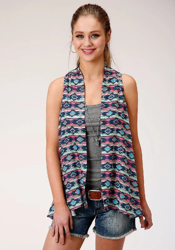 Roper Womens Blue/Pink Rayon/Nylon Aztec Cardigan