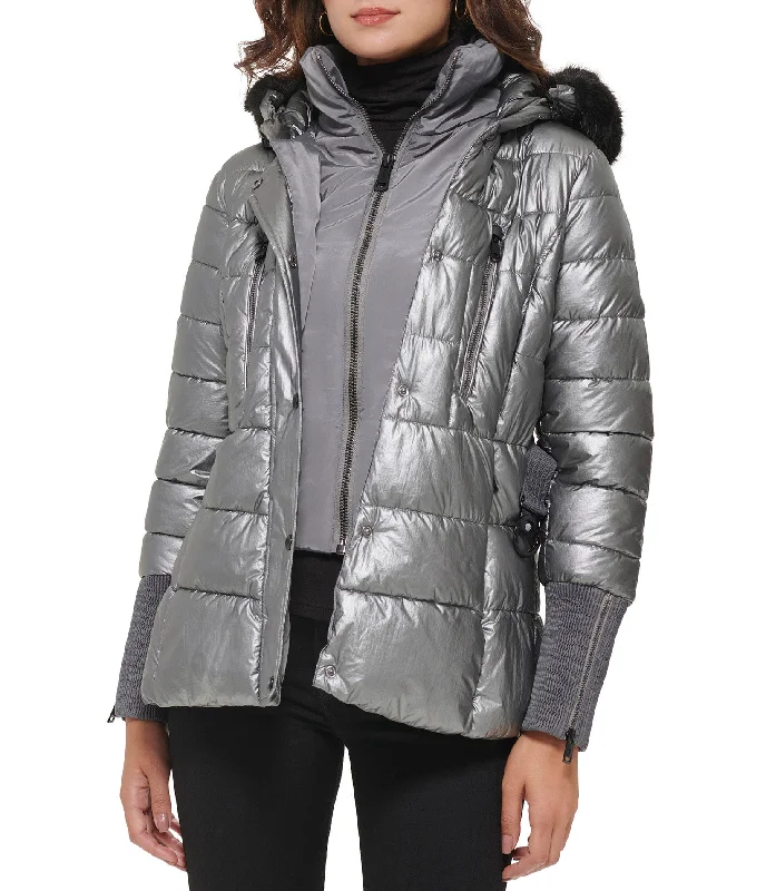 Apres Ski Crinkle Metallic Belted Coat With Hood