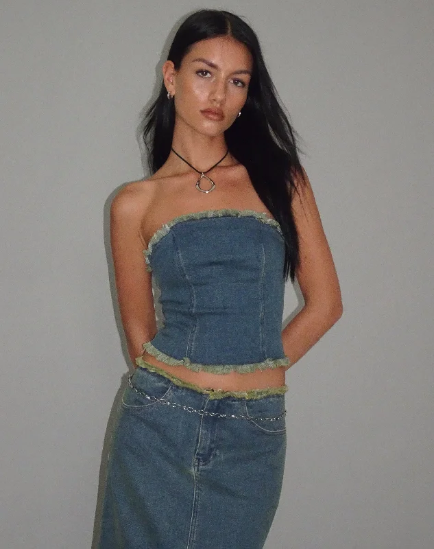 Omas Denim Bandeau Top in Brown Blue Acid Wash