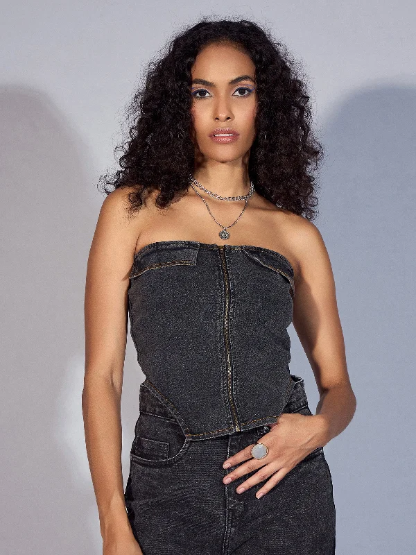 Women Black Denim Zipper Tube Top