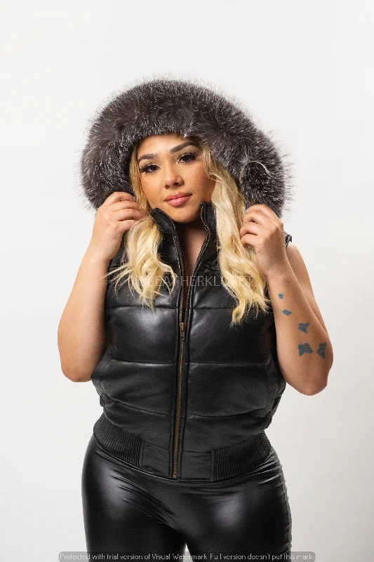 Women's Leather Bubble Vest [Black]