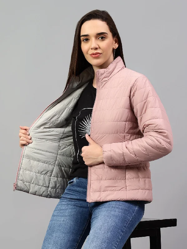 Women's Pink Solid Full Sleeves Reversible Winter Jacket