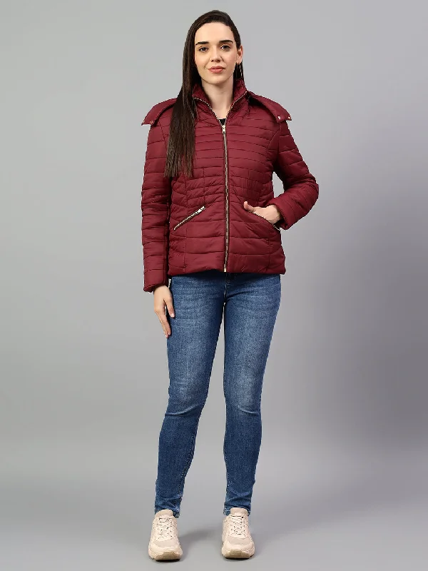 Women's Wine Solid Full Sleeves Winter Jacket