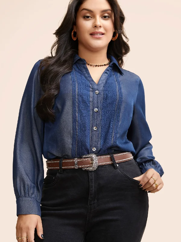 Denim-Effect Woven Ribbon Gathered Blouse