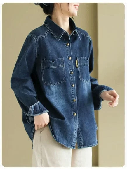 Spring Casual Long Sleeve Denim Blouse