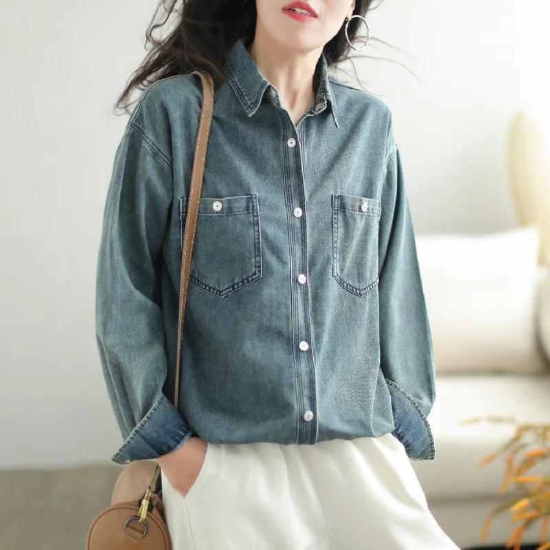 Women Retro Casual Loose Cotton Denim Blouse