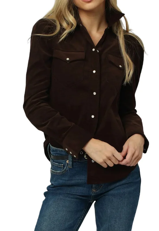 Baby Cord Puff Shoulder Denim Top In Brown