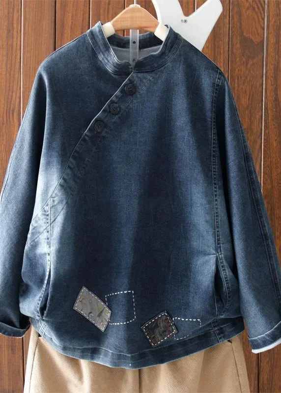 Bohemian Navy Stand Collar Pockets Patchwork Denim Top Fall