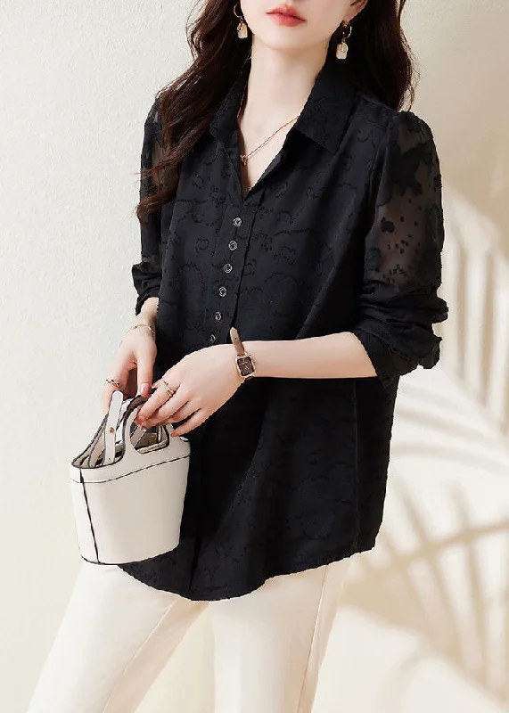 Boho Black Jacquard Draping Chiffon Shirt Spring