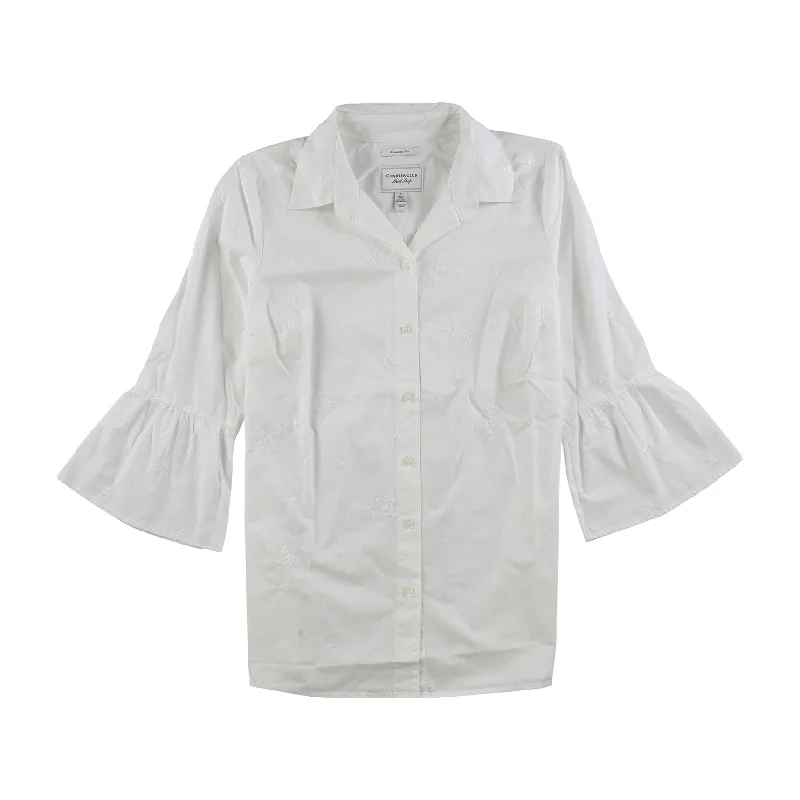 Charter Club Womens Embroidered Button Up Shirt, White, 4