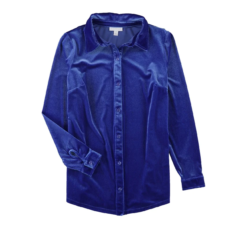 Charter Club Womens Velour Button Up Shirt, Blue, Medium