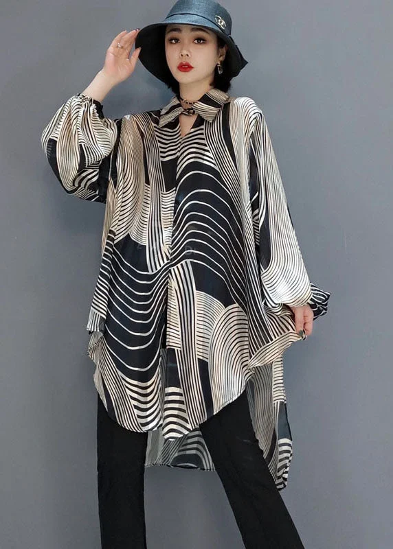 Chic Low High Design Striped Chiffon Shirt Blouse