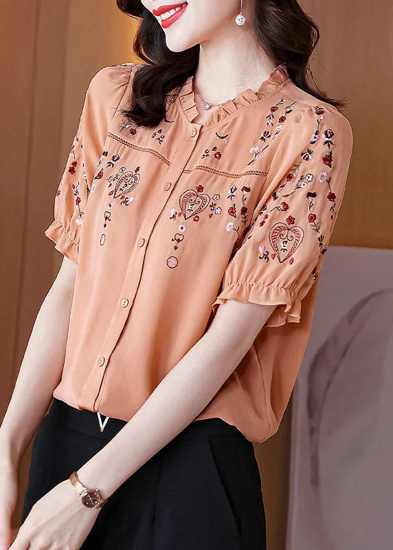 Chic Pink Ruffled Embroidered Silk Shirt Summer