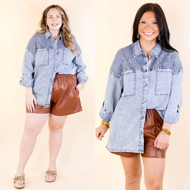 Dawn Of Time Pleated Button Up Denim Top