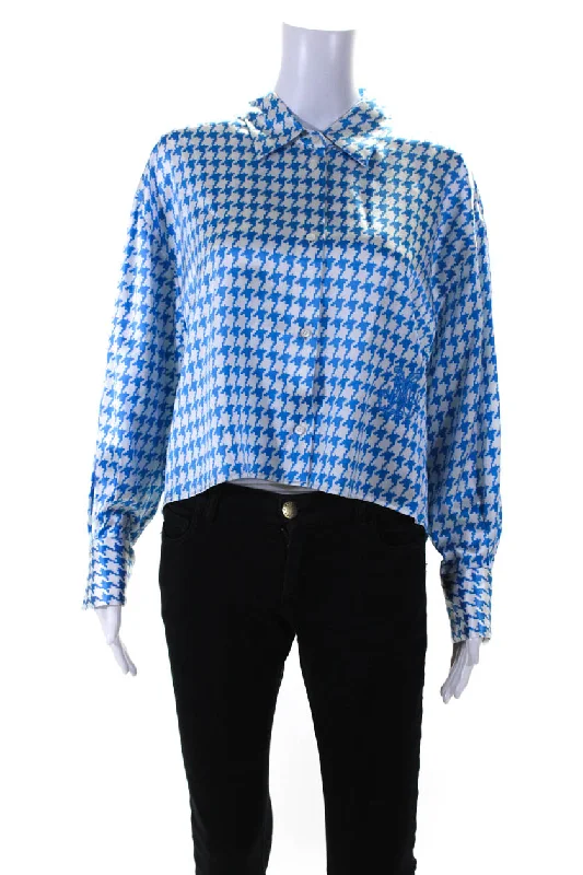 dMn Womens Satin Houndstooth Button Up Shirt Blouse Blue White Silk