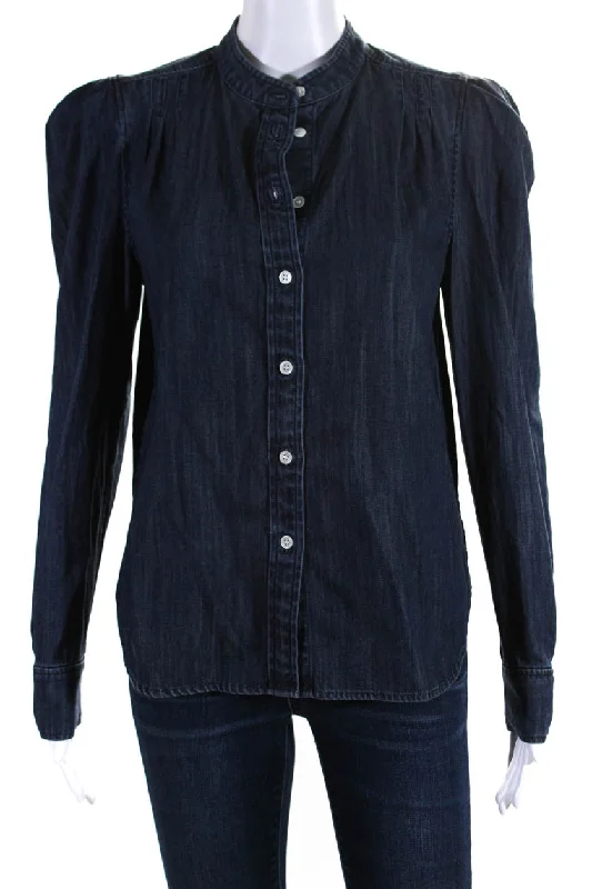 Frame Womens Cotton Buttoned-Up Long Sleeve Denim Blouse Top Blue