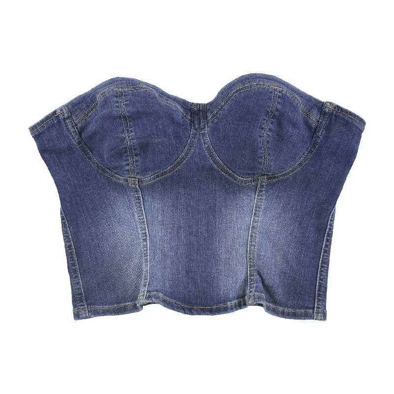 GUESS Womens Denim Bustier Blouse, Blue, Small