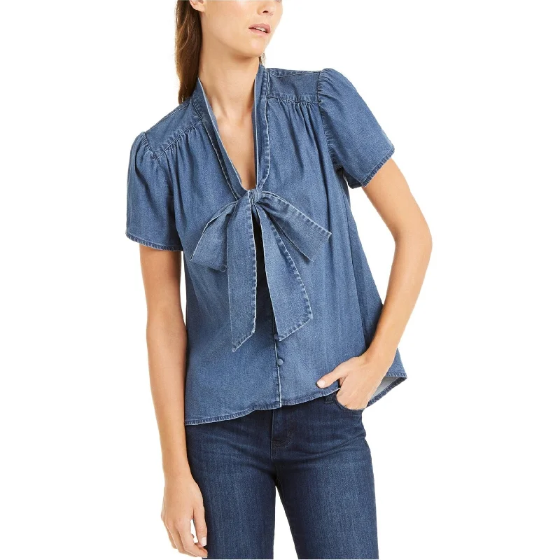 I-N-C Womens Tie-Neck Denim Baby Doll Blouse