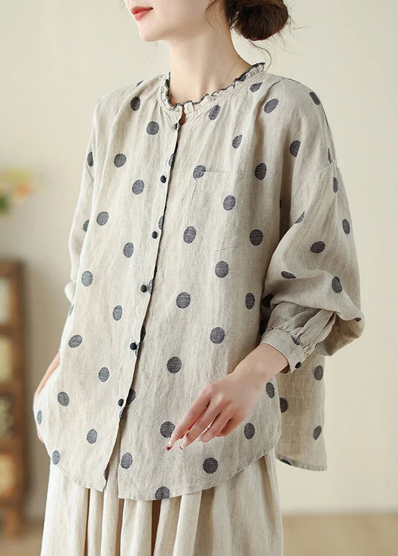 Loose Black Dot Ruffled Button Cotton Shirt Long Sleeve