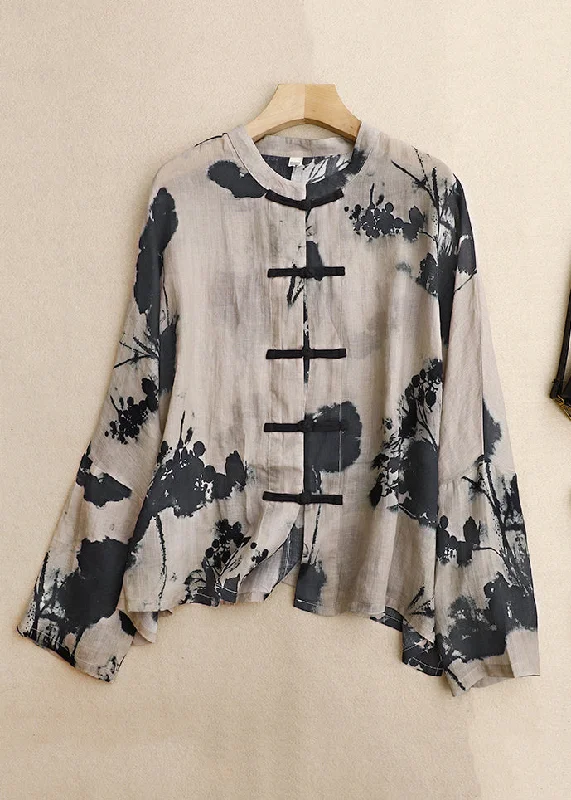 Loose Black Print Button Cotton Shirt Long Sleeve