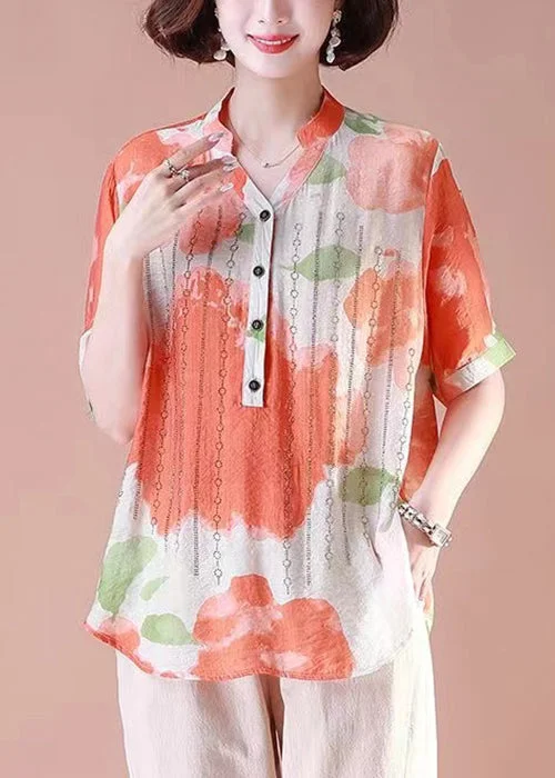 Loose Orange Print Button Cotton T Shirt Summer