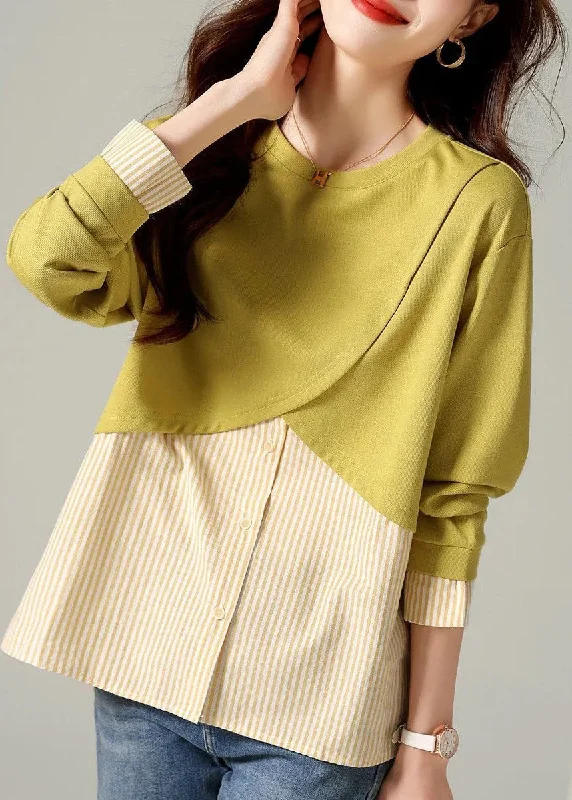 Loose Yellow O-Neck Striped Patchwork T Shirts Long Sleeve