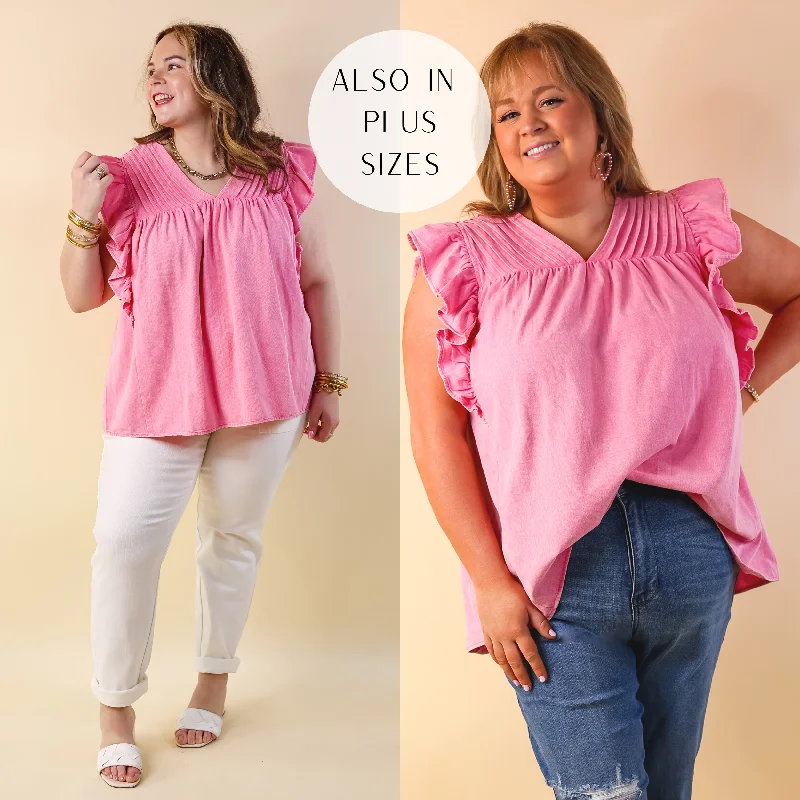 Name Of The Game Denim Ruffle Cap Sleeve Top with Pleated Upper in Pink