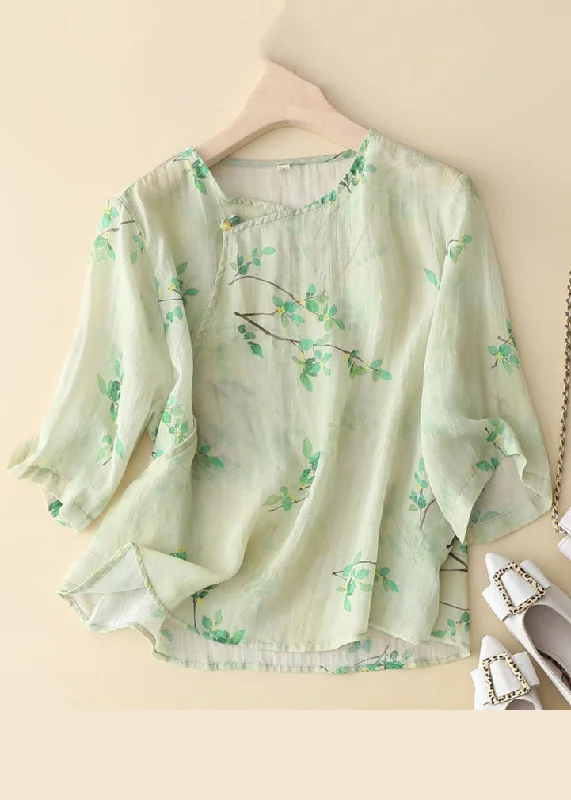 New Green Button Print Linen Shirt Long Sleeve