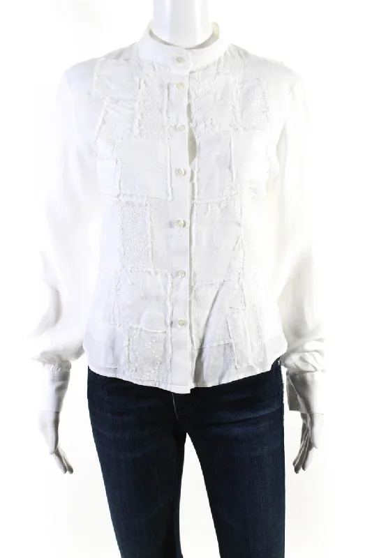 Phos Phoro Womens Button Front Crew Neck Linen Shirt White