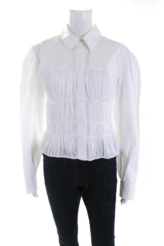 Rochas Womens Long Sleeve Ruched Gathered Button Up Shirt Blouse White IT 44