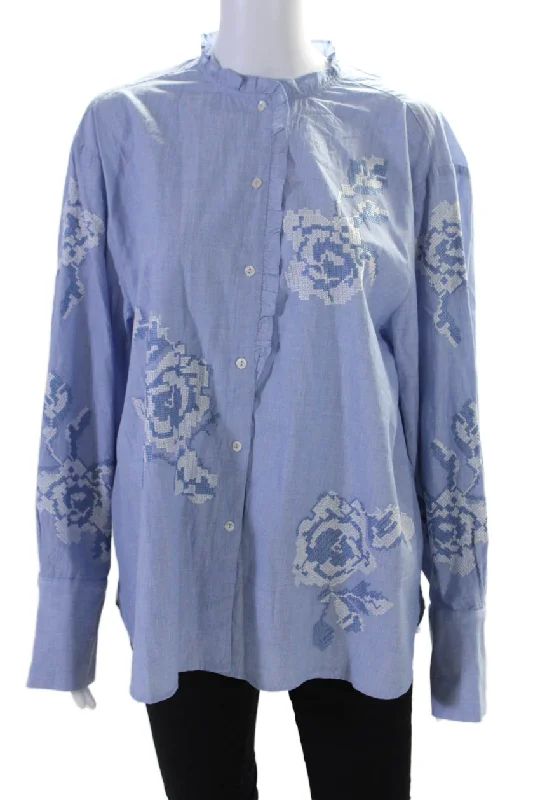 Rose And Rose Womens Cotton Rose Knit Long Sleeve Button Down Shirt Blue