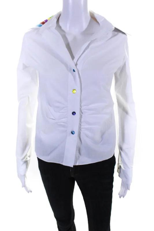 siedres Womens Button Down Embroidered Collared Shirt White Cotton